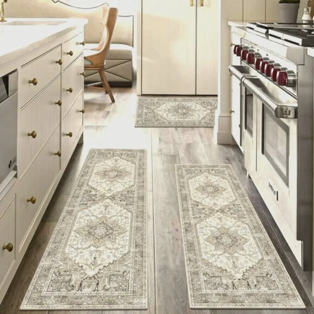New 3-Piece Kitchen Rug Set, Washable Non-Slip Mats with Rubber Back, Beige/Grey